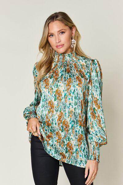 Double Take Full Size Printed Smocked Long Sleeve Blouse - Selvanelle