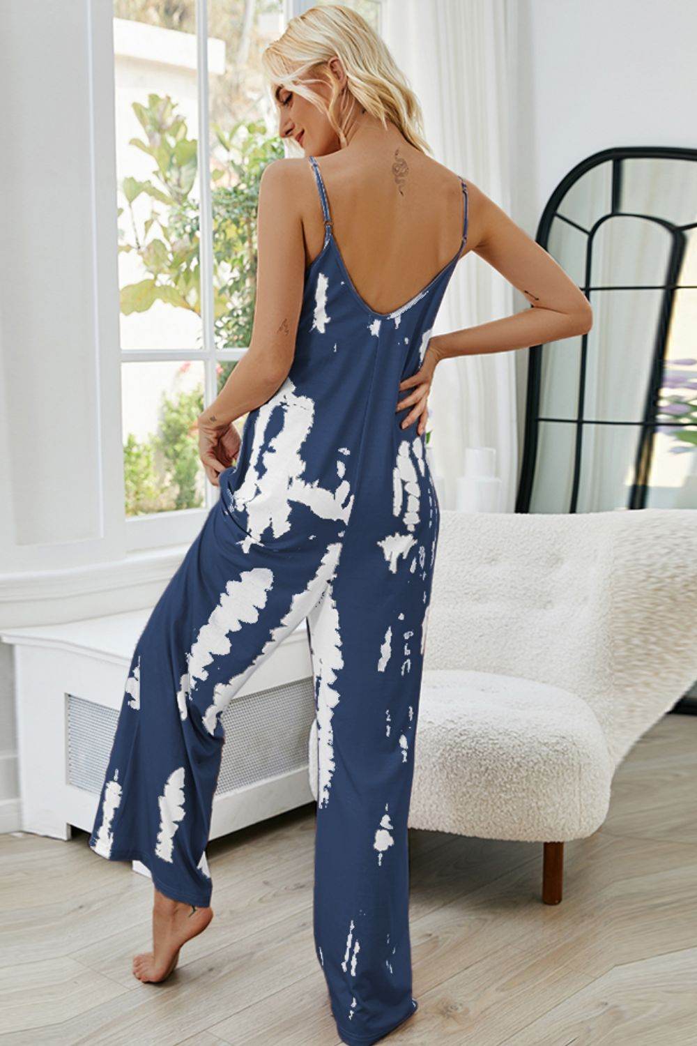 Shiny Tie-Dye Spaghetti Strap Jumpsuit with Pockets - Selvanelle