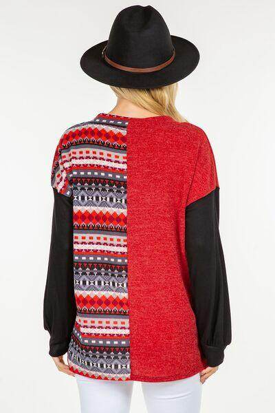 Celeste Full Size Contrast Geometric V-Neck Blouse - Selvanelle