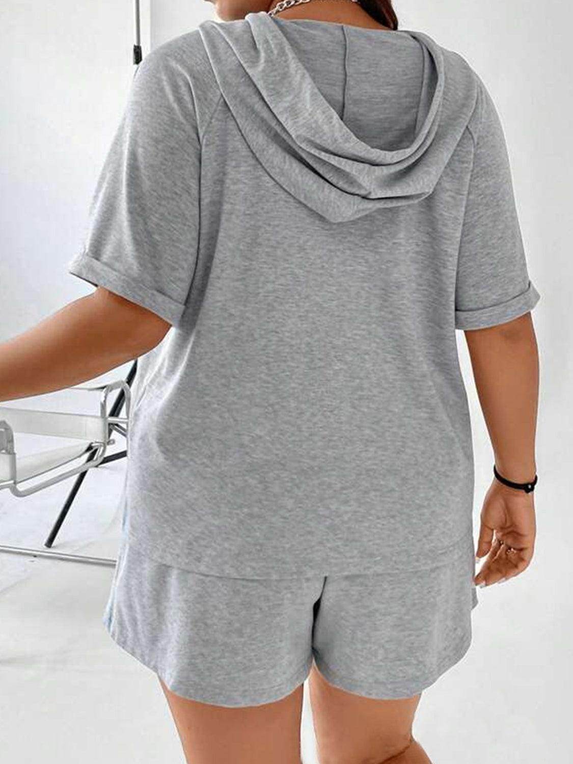 Full Size Drawstring Half Zip Hooded Top and Shorts Set Plus Size - Selvanelle