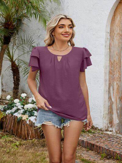 Cutout Round Neck Short Sleeve Blouse for Women Fashion - Selvanelle