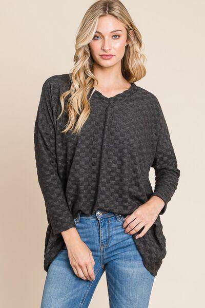 BOMBOM Checkered Long Sleeve V-Neck T-Shirt for Women - Selvanelle