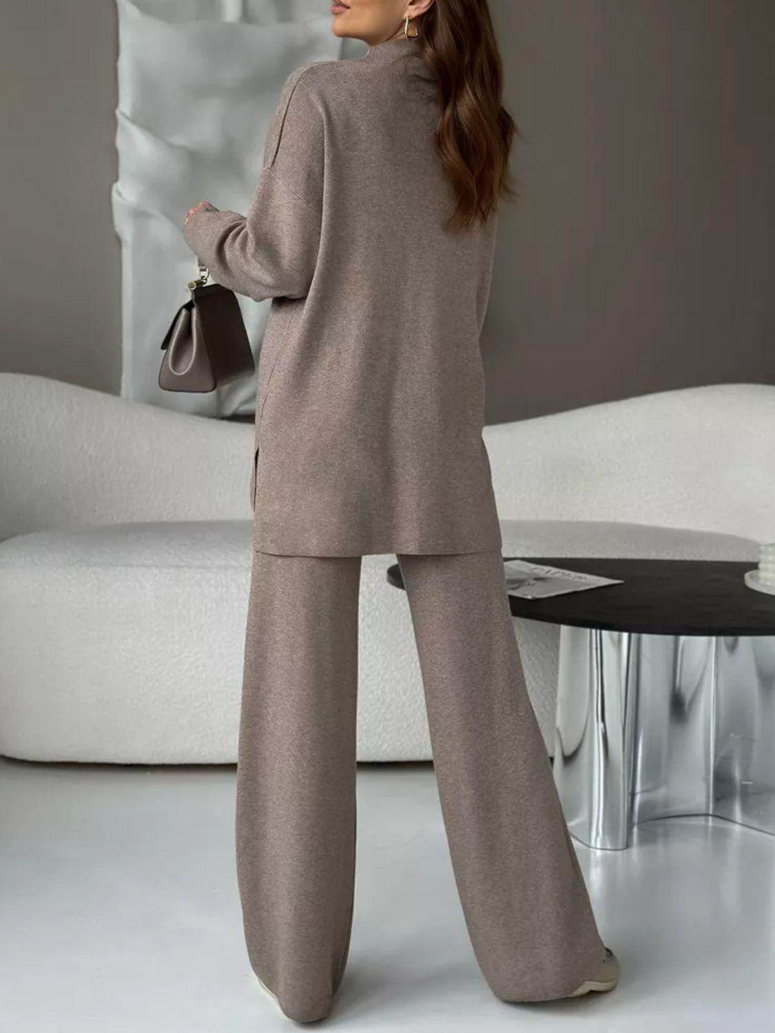Slit Mock Neck Top and Pants Sweater Set for Women - Selvanelle