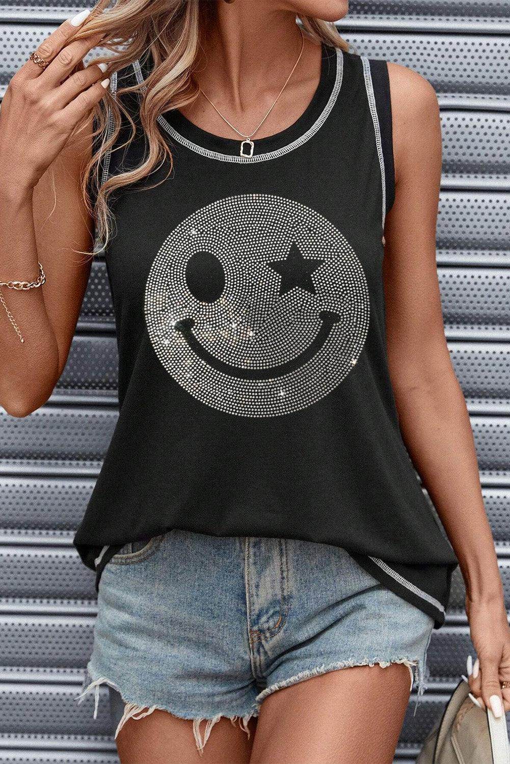 Rhinestone Smile Face Round Neck Tank Top for Women - Selvanelle