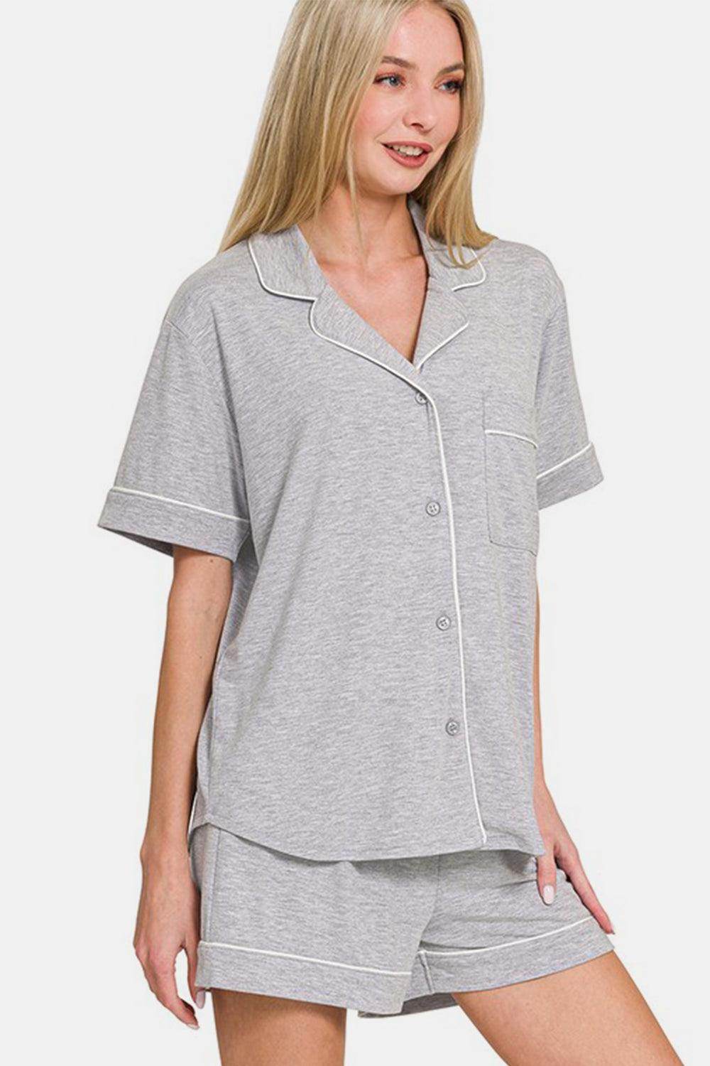 Zenana Button Down Short Sleeve Top and Shorts Lounge Set - Selvanelle