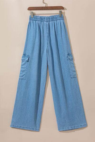Drawstring Cargo Pocket Wide Leg Jeans for All-Day Comfort - Selvanelle