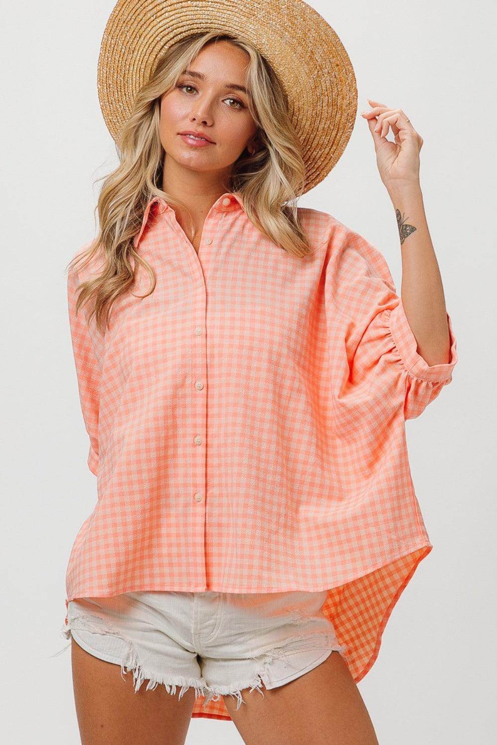 BiBi Plaid Button Up Dolman Sleeve Shirt for Women Fashion - Selvanelle