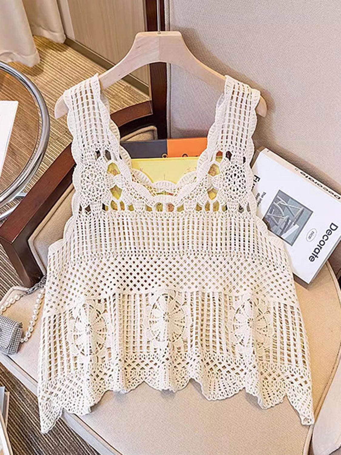 Openwork Scoop Neck Tank for Women in Sheer Cotton Style - Selvanelle