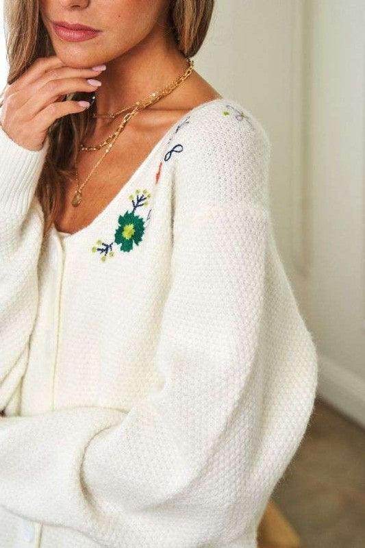 Davi & Dani Flower Embroidered Button Up Long Sleeve Cardigan - Selvanelle