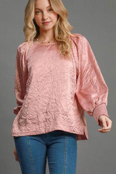 Umgee Wrinkled Round Neck Lantern Sleeve Blouse for Women - Selvanelle