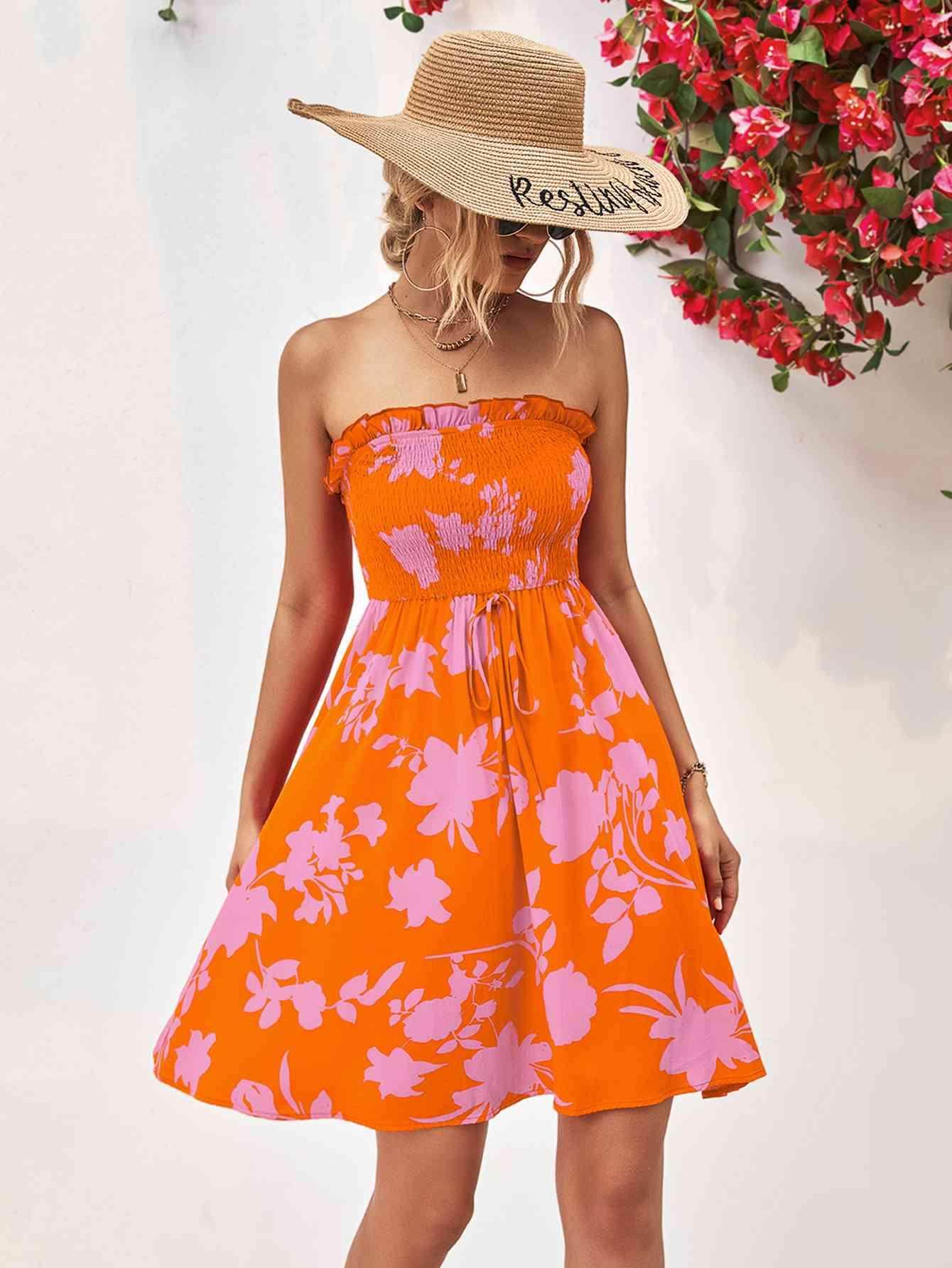 Floral Frill Trim Strapless Smocked Dress for Women - Selvanelle