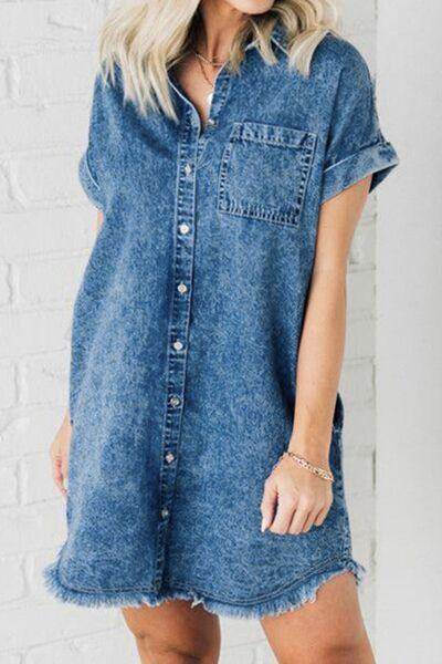 Raw Hem Pocketed Cap Sleeve Denim Dress for Women - Selvanelle
