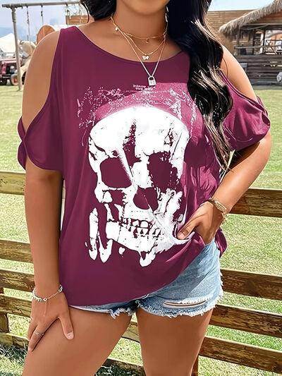 Plus Size Skeleton Graphic Round Neck Cold Shoulder T-Shirt - Selvanelle
