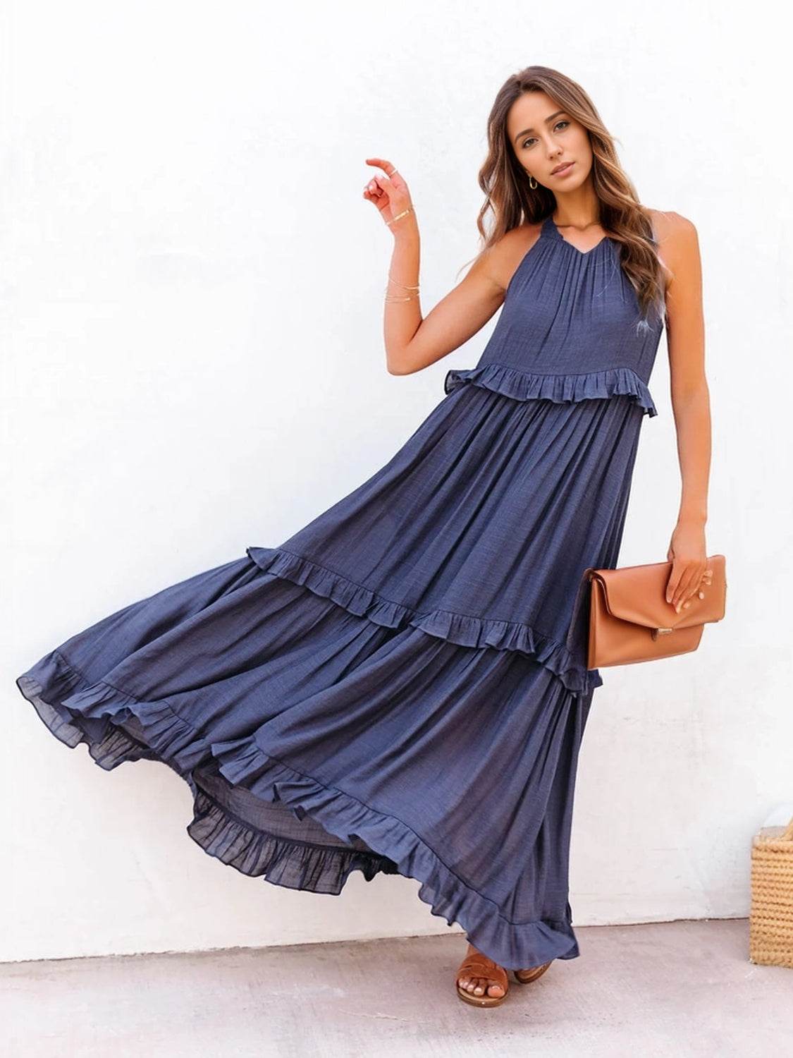 Ruffled Sleeveless Tiered Maxi Dress with Pockets - Selvanelle
