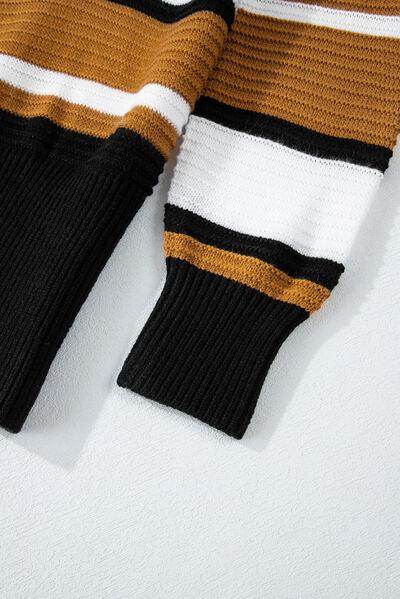 Contrast Stripes V Neck Long Sleeve Sweater for Women - Selvanelle