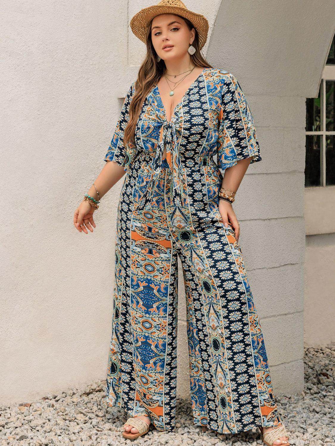 Plus Size Printed Half Sleeve Wide Leg Jumpsuit for Women - Selvanelle