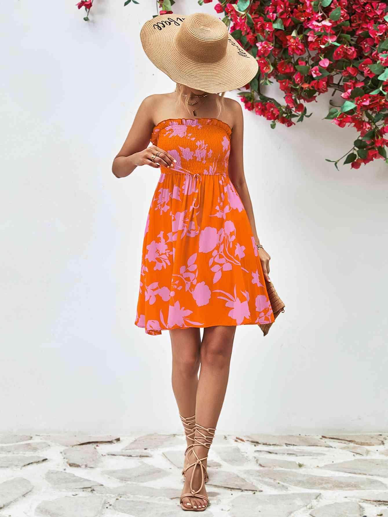 Floral Frill Trim Strapless Smocked Dress for Women - Selvanelle