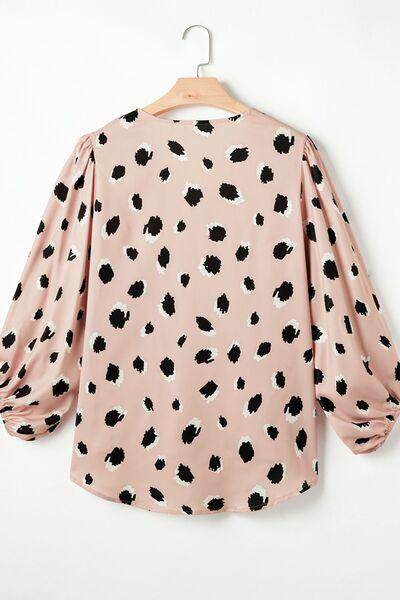Contrast Animal Print V-Neck Long Sleeve Blouse for Women - Selvanelle