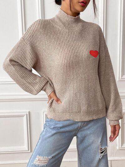 Heart Turtleneck Dropped Shoulder Long Sleeve Sweater for Women - Selvanelle