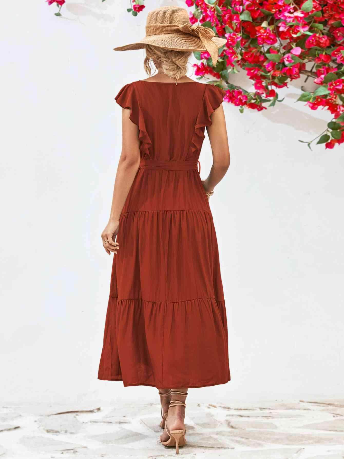Tie Belt Ruffled Tiered Dress for Chic Midi Style - Selvanelle