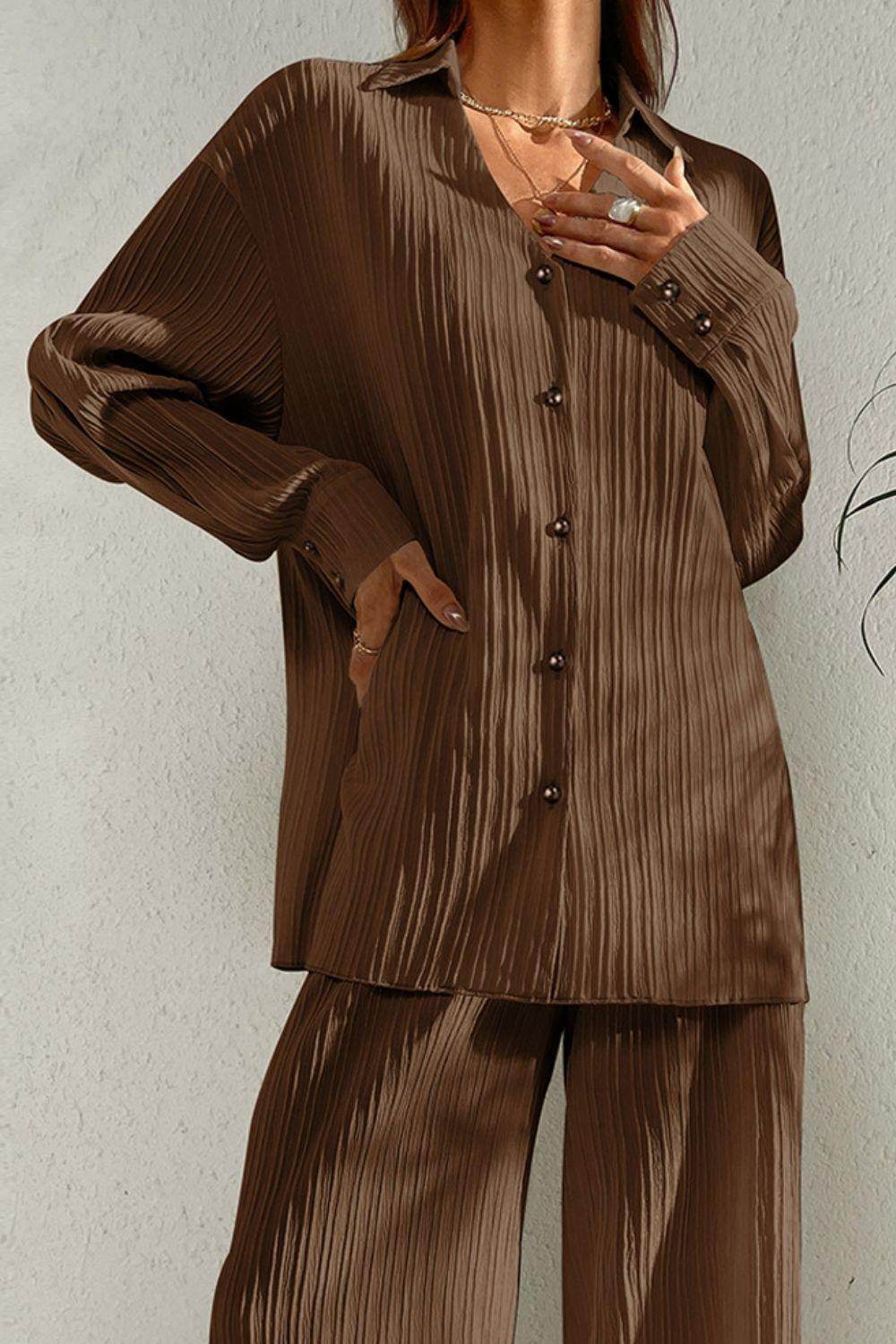 Johnny Collar Button Down Top and Pants Set for Women - Selvanelle