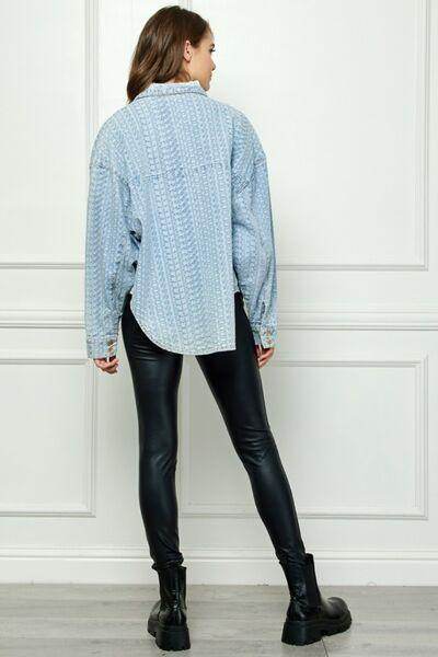 Veveret Button Up Dropped Shoulder Denim Top for Women - Selvanelle