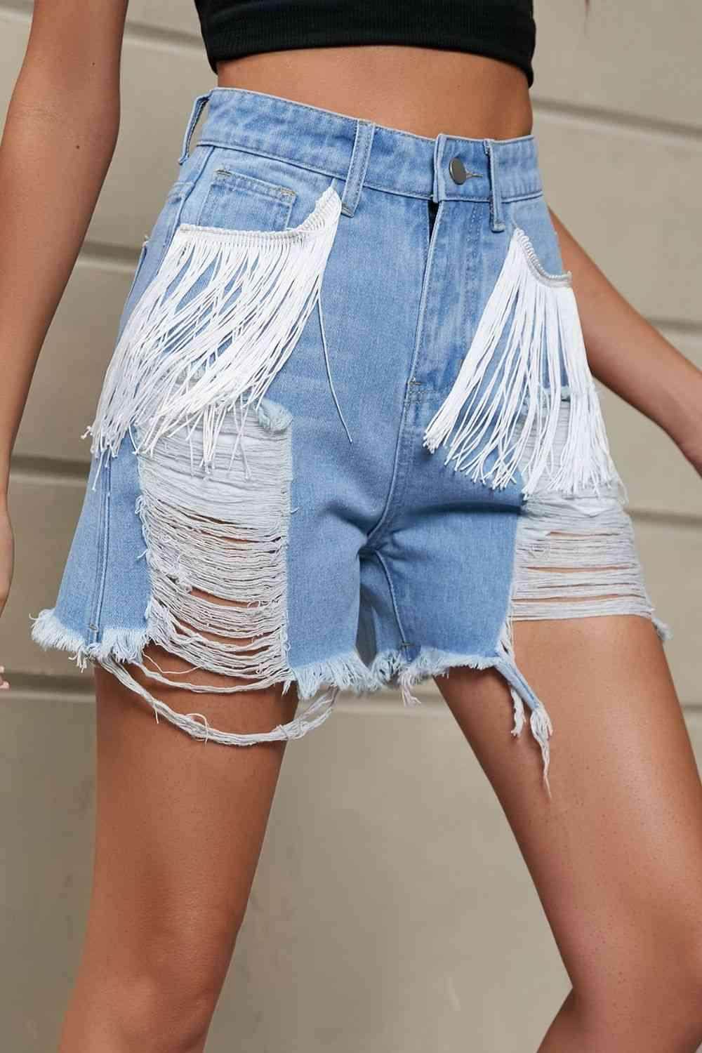 Fringe Trim Distressed Denim Shorts with Pockets for Women - Selvanelle