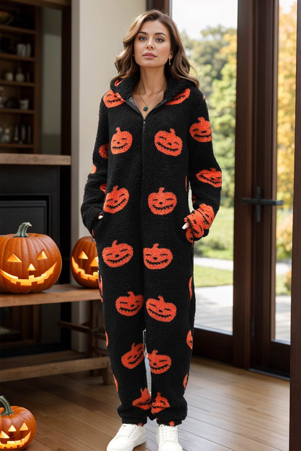 Fuzzy Pumpkin Half Zip Hooded Jumpsuit - Selvanelle