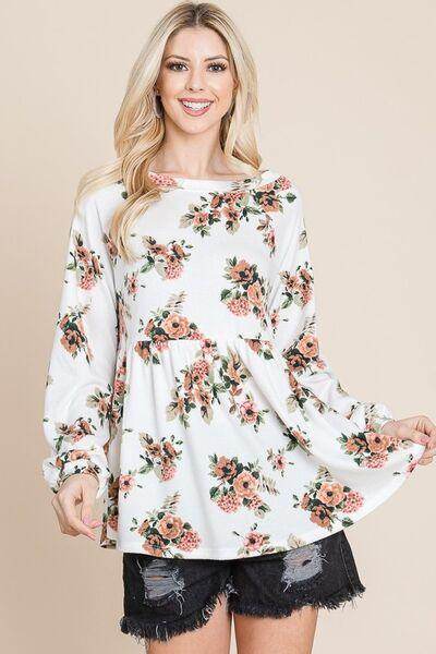 Super Lady Full Size Babydoll Floral Boat Neck Blouse - Selvanelle