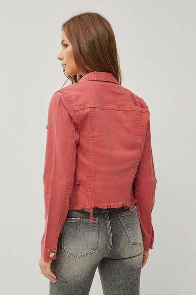 RISEN Full Size Raw Hem Button Up Cropped Denim Jacket Plus Size - Selvanelle