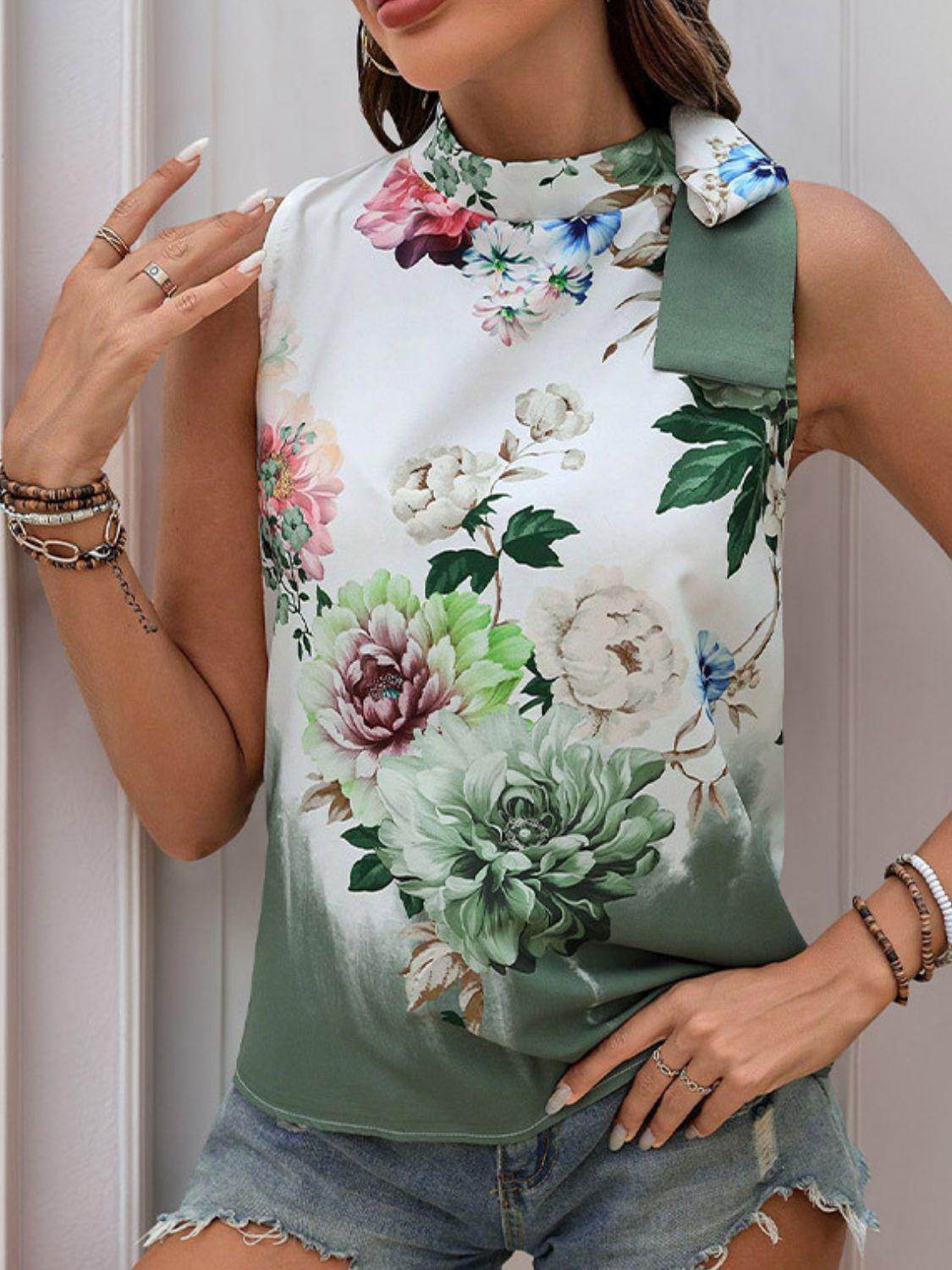 Tied Flower Printed Mock Neck Top for Women - Stylish Design - Selvanelle