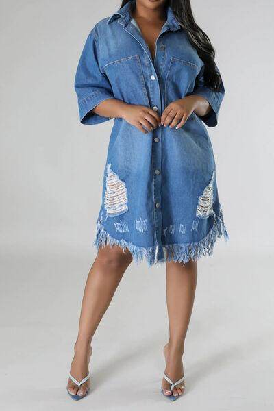 Distressed Raw Hem Button Up Denim Dress for Women - Selvanelle