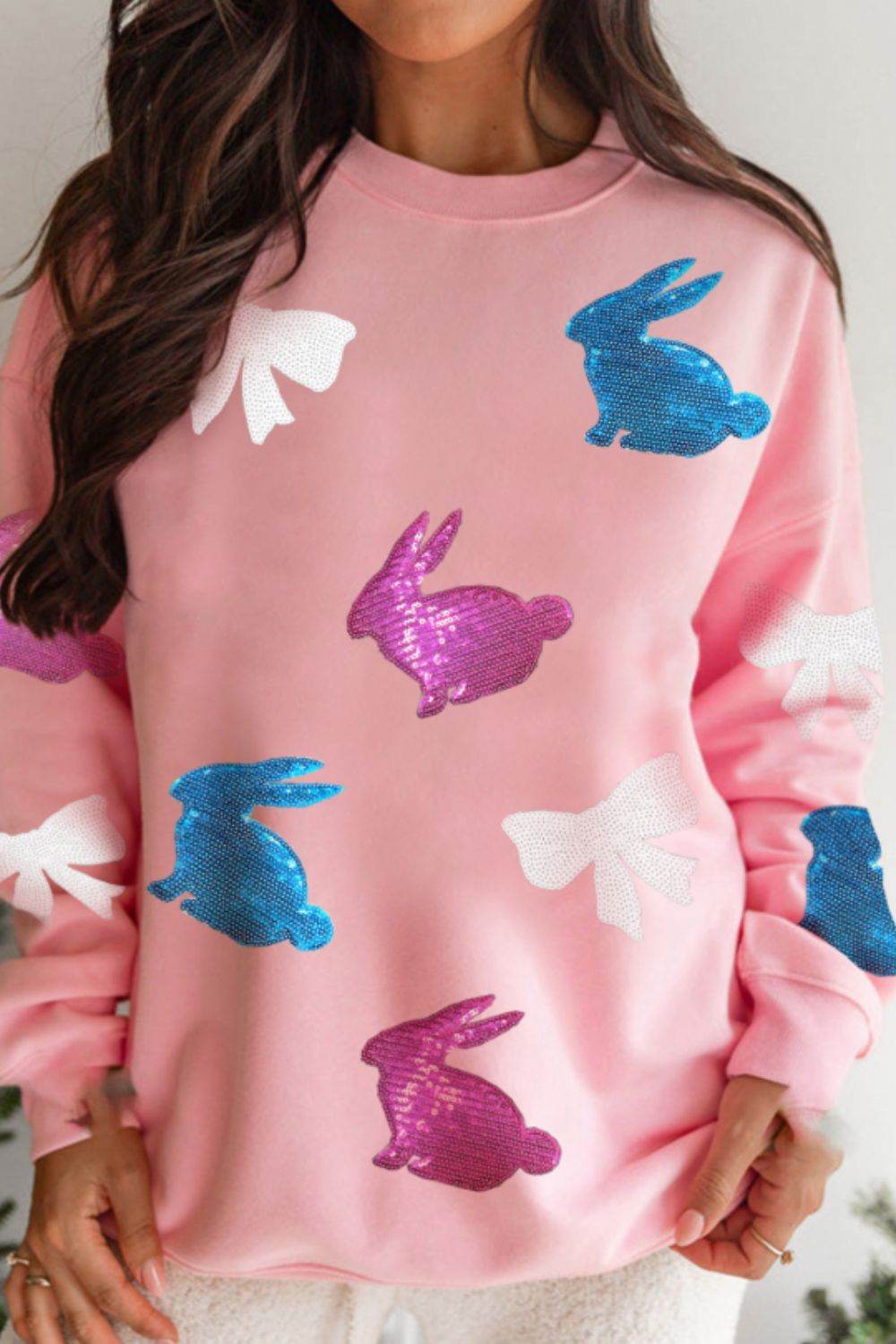 Easter Bunny Bow Knot Sequined Sweatshirt - Selvanelle