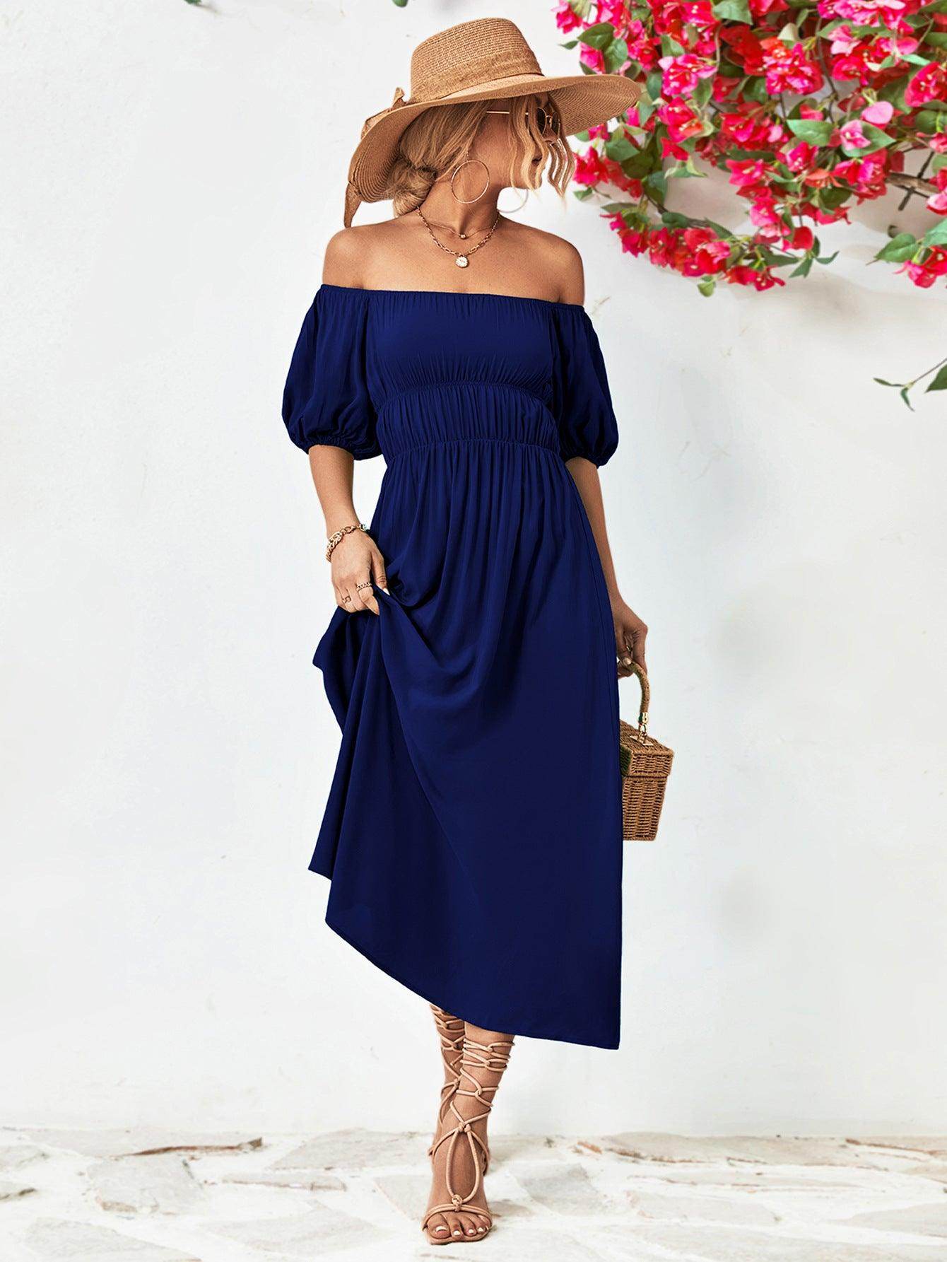 Off-Shoulder Balloon Sleeve Midi Dress for Chic Style - Selvanelle
