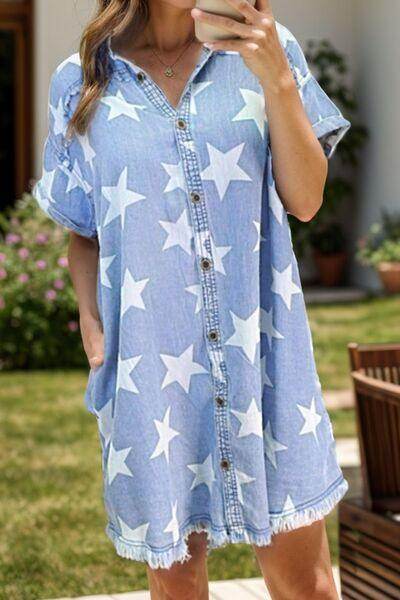Raw Hem Star Short Sleeve Denim Dress for Casual Style - Selvanelle