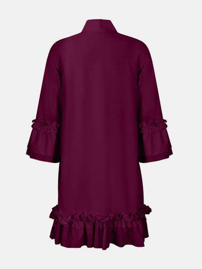 Frill Tie Neck Three-Quarter Sleeve Dress for Women - Selvanelle