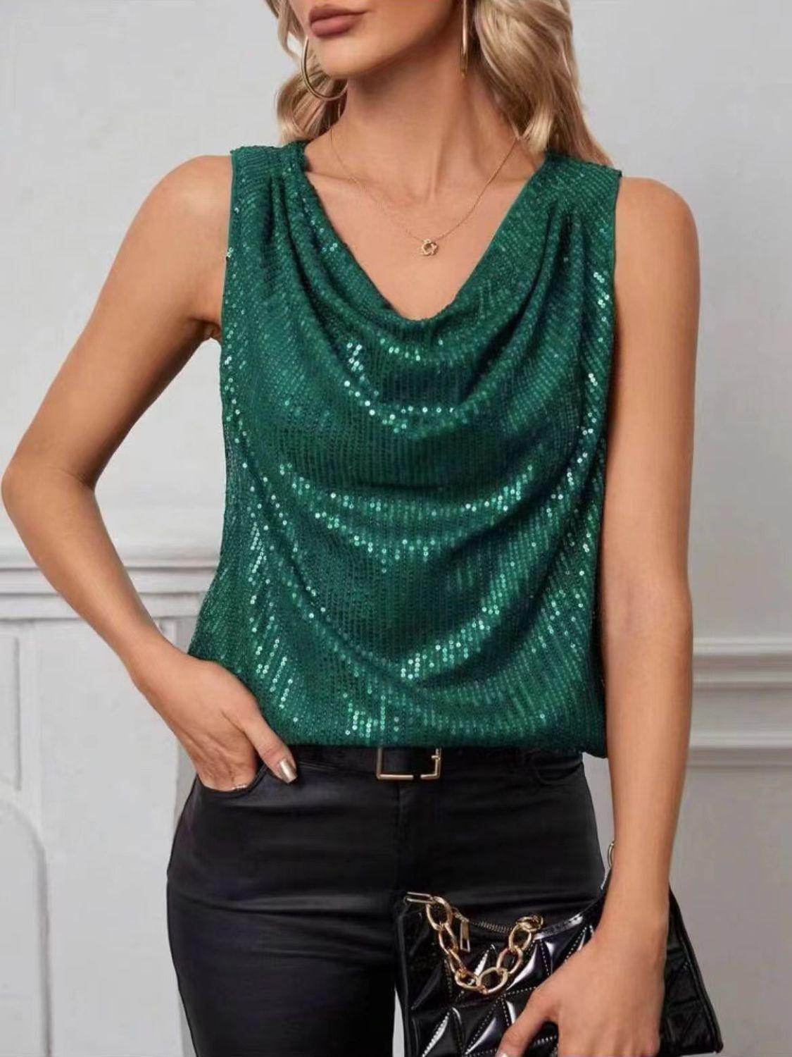 Sequin Cowl Neck Tank Top for Stylish Evening Wear - Selvanelle