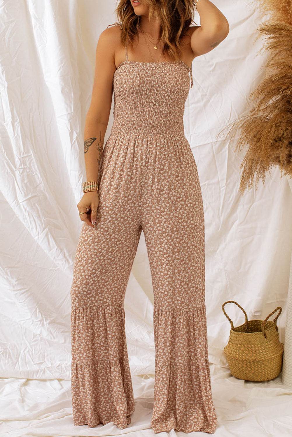 Floral Spaghetti Strap Smocked Wide Leg Jumpsuit - Selvanelle