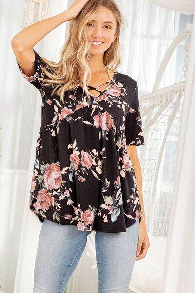 Heimish Full Size Crisscross Neck Floral Babydoll Top Plus Size - Selvanelle