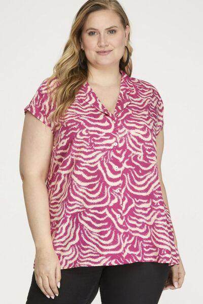 She + Sky Full Size Printed Button Down Cap Sleeve Shirt Plus Size - Selvanelle