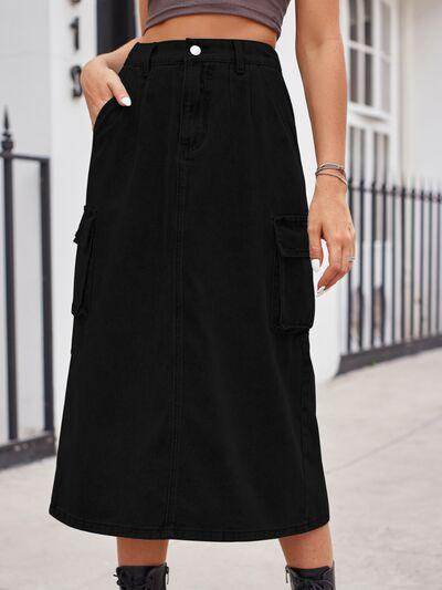 Slit Buttoned Denim Skirt with Pockets for Women - Selvanelle