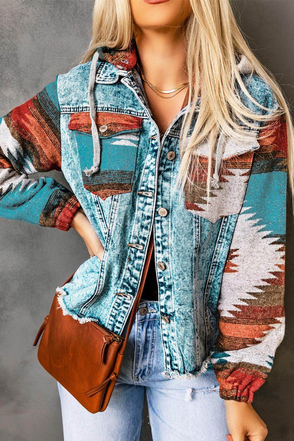 Drawstring Hooded Pocketed Denim Jacket for Women - Selvanelle