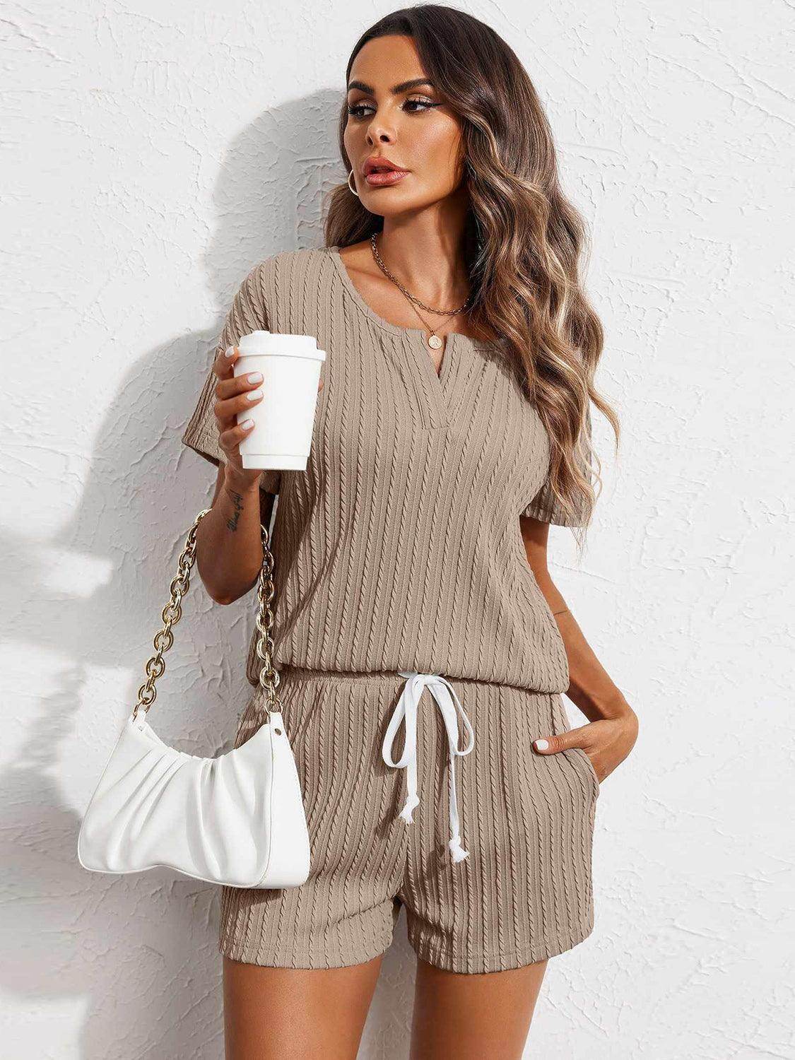 Notched Short Sleeve Top and Shorts Set for Women - Selvanelle