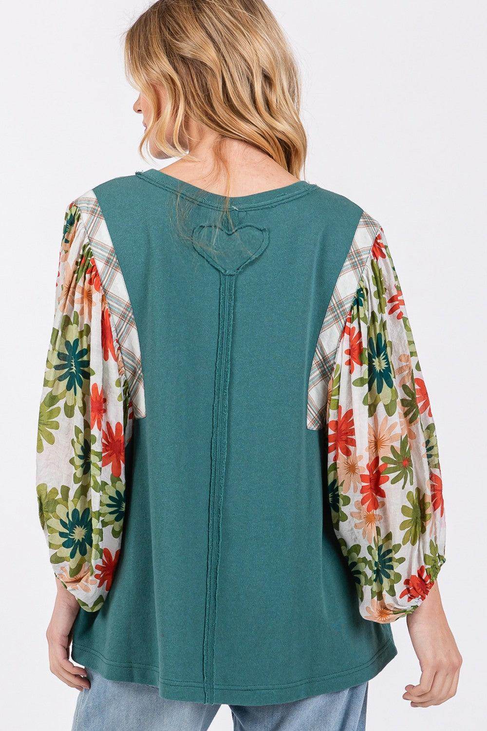 SAGE + FIG Full Size Printed Balloon Sleeve Contrast Top - Selvanelle