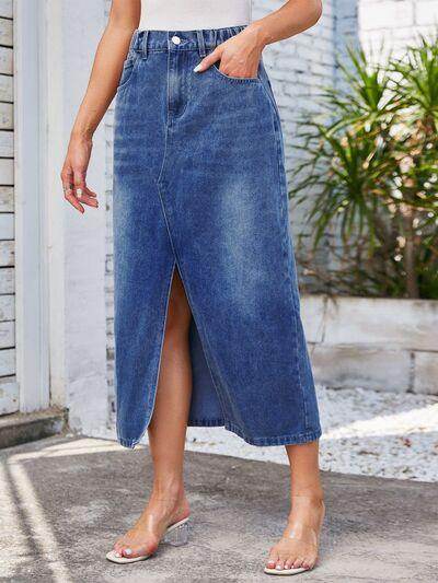 Slit Midi Denim Skirt with Pockets for Stylish Women - Selvanelle