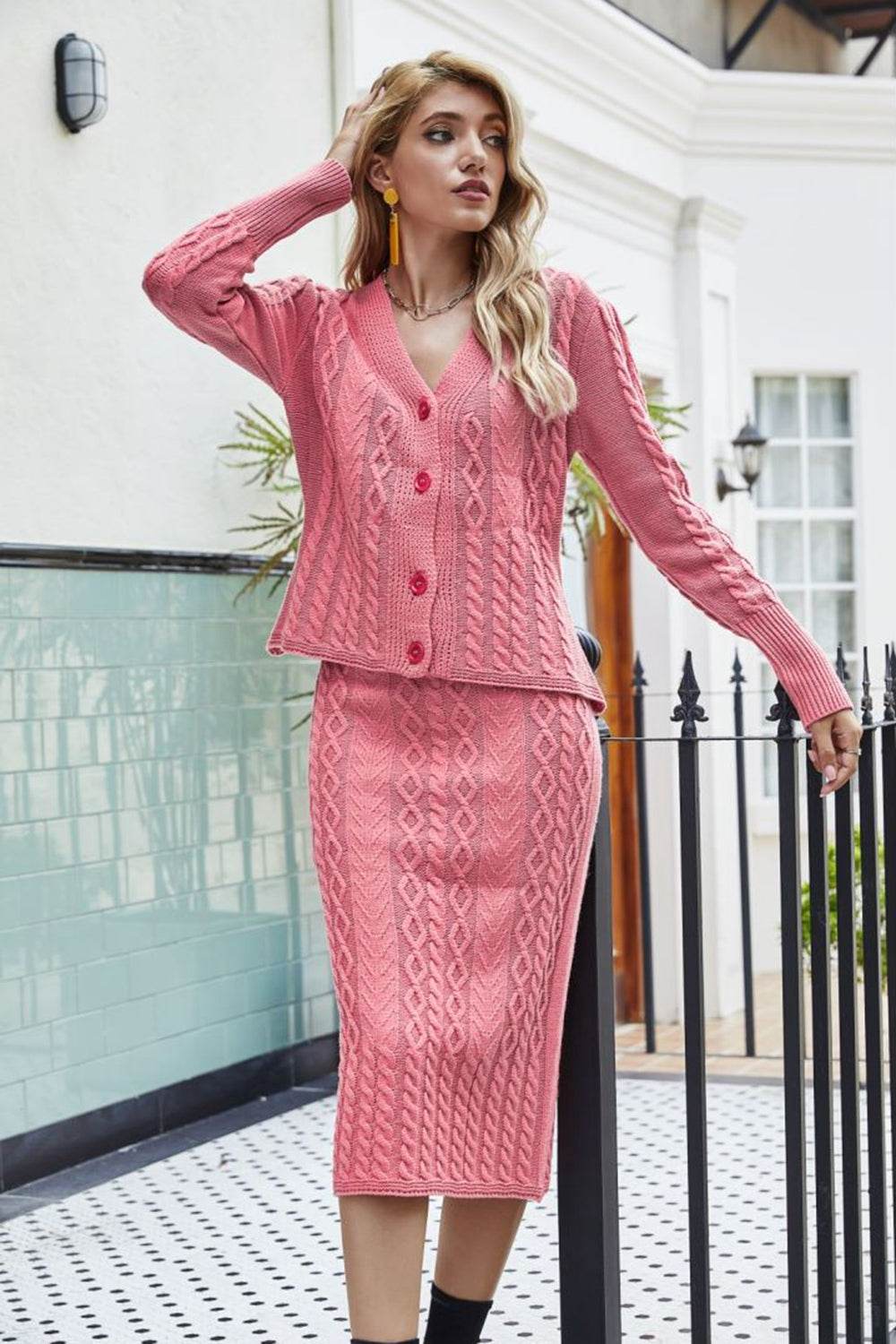 Mixed Knit V-Neck Cardigan and Knit Skirt Set - Selvanelle