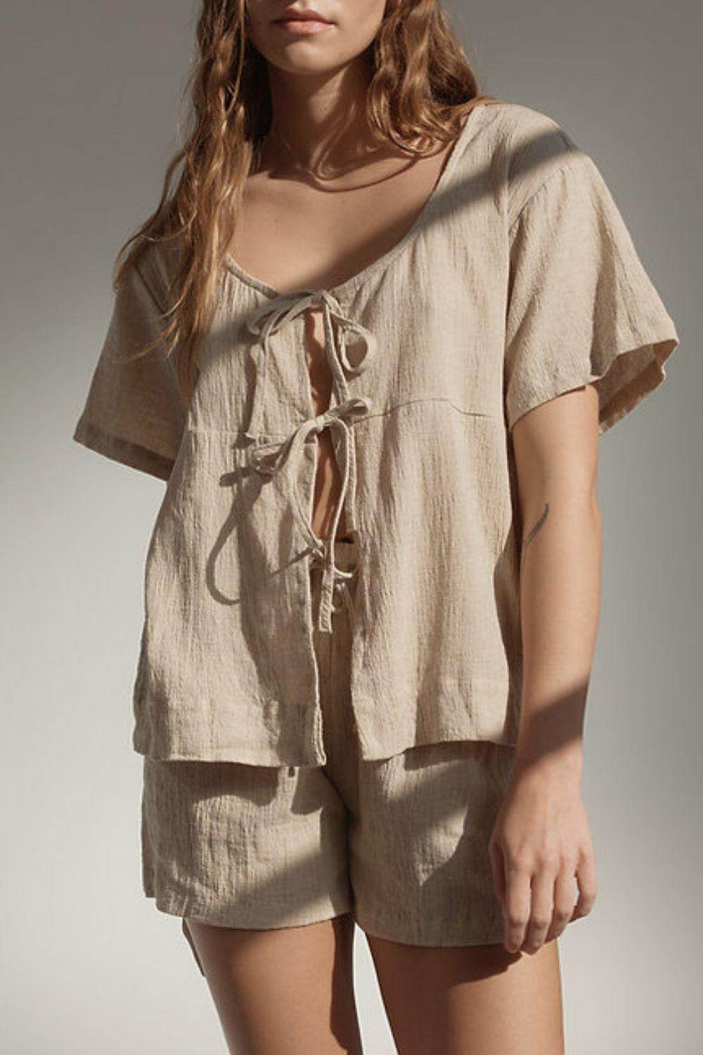 Plaid Tied Scoop Neck Short Sleeve Top and Drawstring Shorts Set - Selvanelle