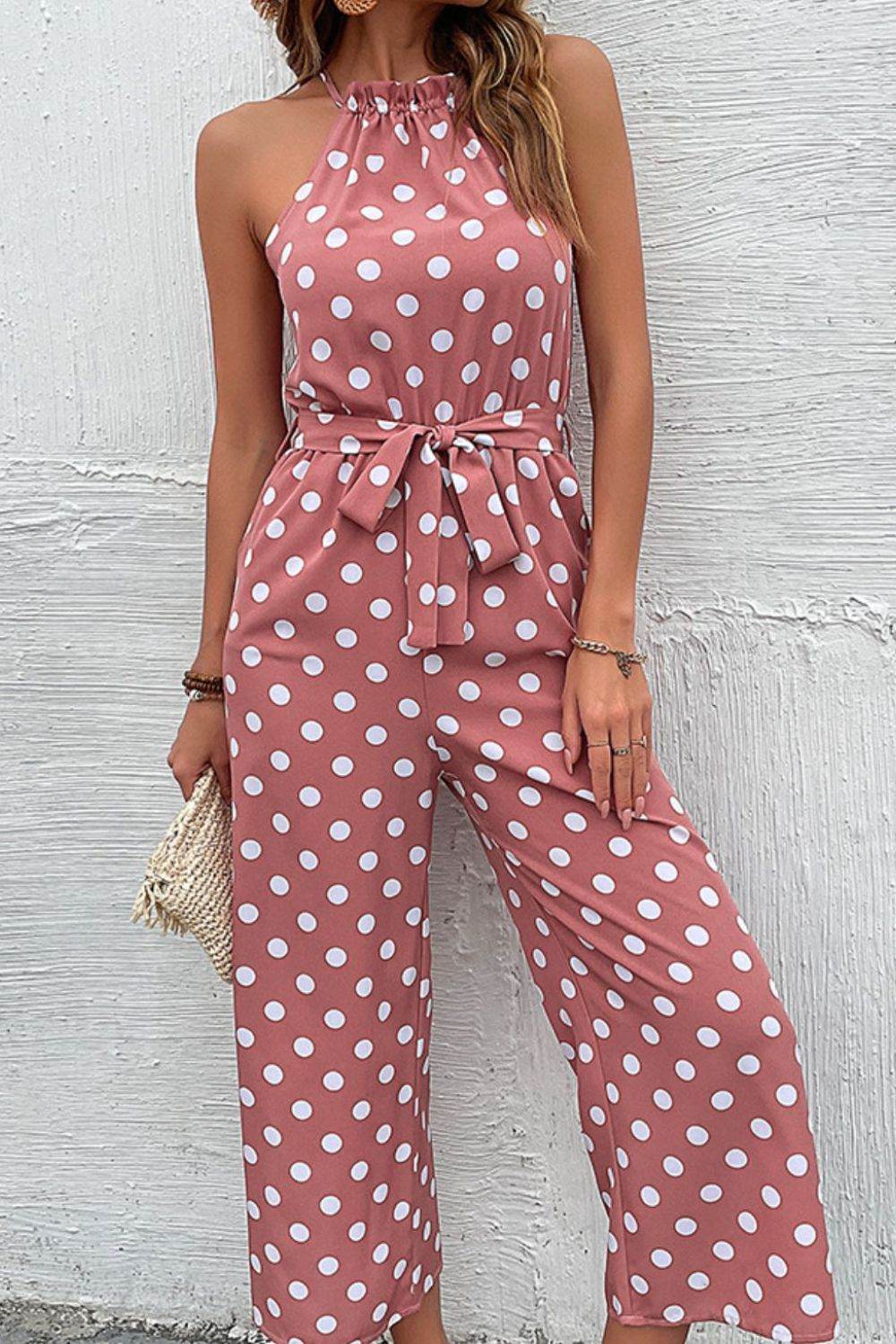 Perfee Polka Dot Grecian Wide Leg Jumpsuit - Selvanelle