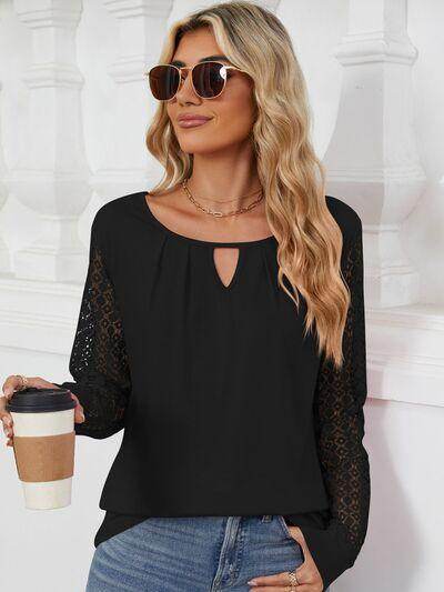 Cutout Round Neck Long Sleeve T-Shirt with Lace Detail - Selvanelle