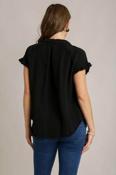 Umgee Full Size Frayed Hem Collared Neck Shirt Plus Size - Selvanelle